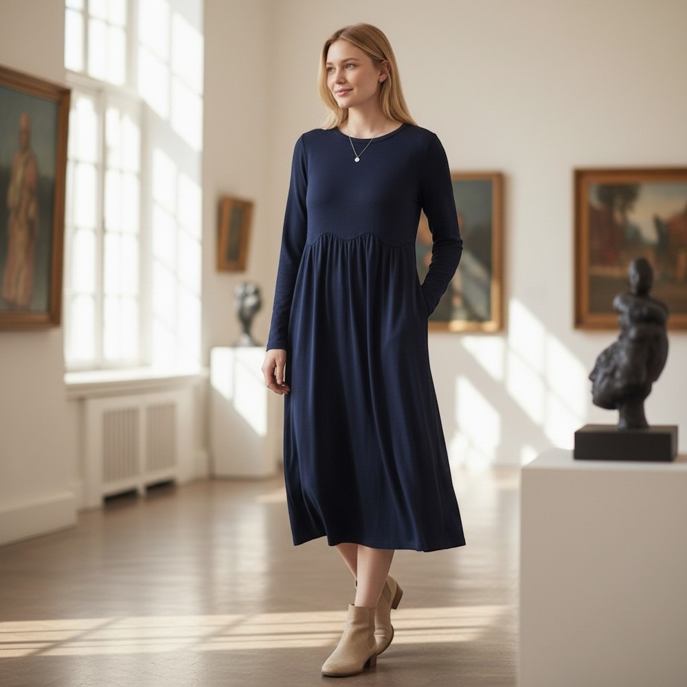 Lintico Wool Blend Long Sleeve Midi Dress Womens XL Navy Blue Lagenlook Pleated